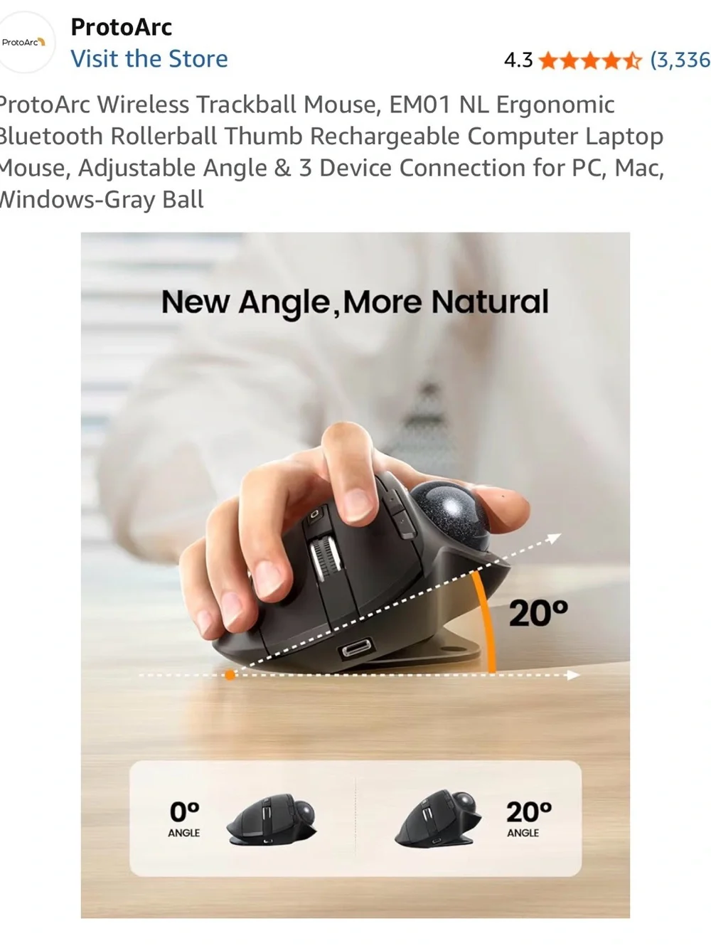 EM01 NL ProtoArc Gray Ergonomic Wireless Trackball Mouse